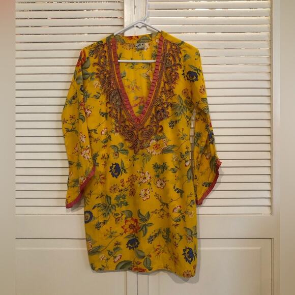 Vintage Manika Yellow Floral and Beaded Tunic Top Swim Cover - Picture 2 of 8
